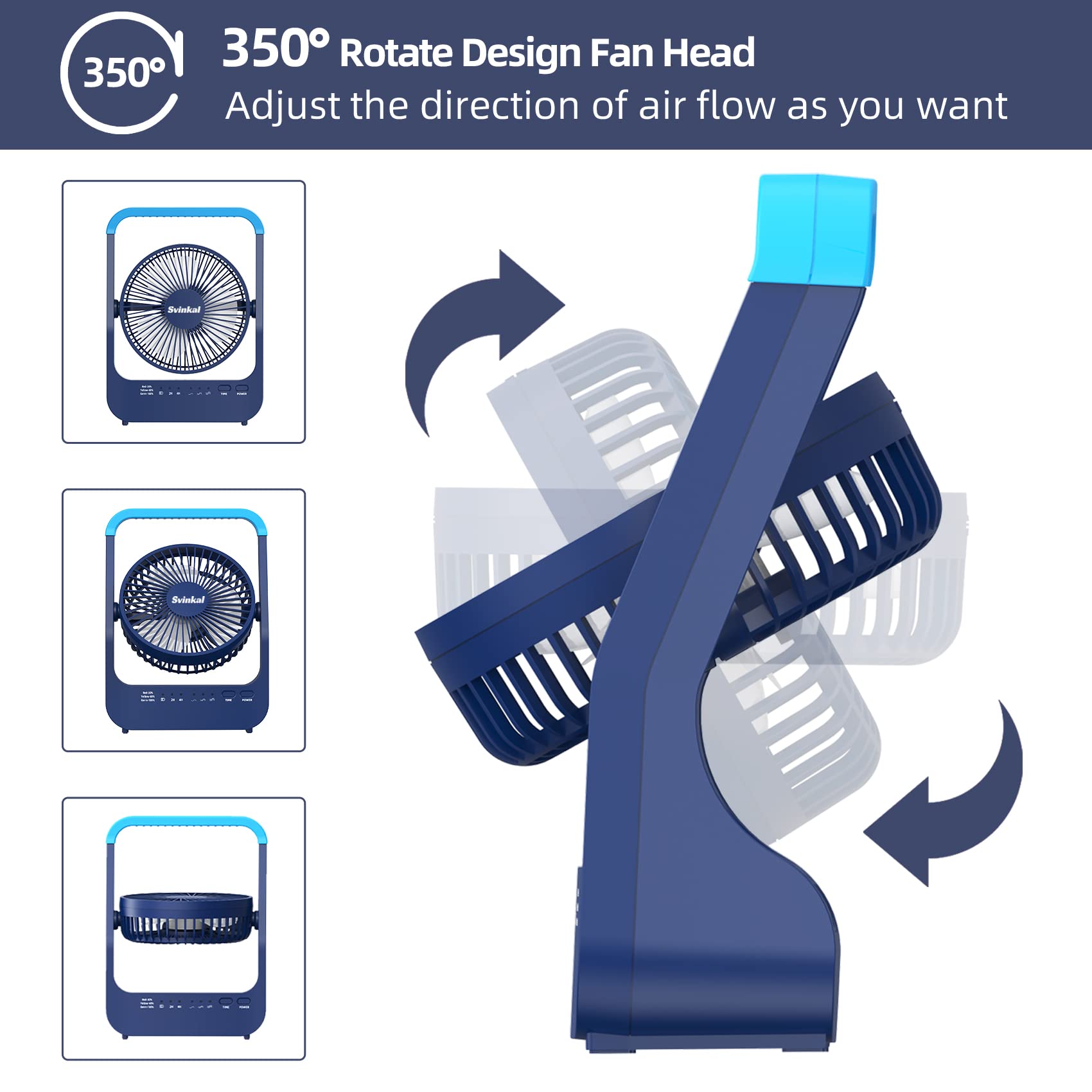 Svinkal Desk Fan, Battery Powered Square Camping Fan, Portable Fan for Home Office, Travel Fan for Sleeping Fits in Suitcase, 20600mAh Blue Border Outdoor Fan