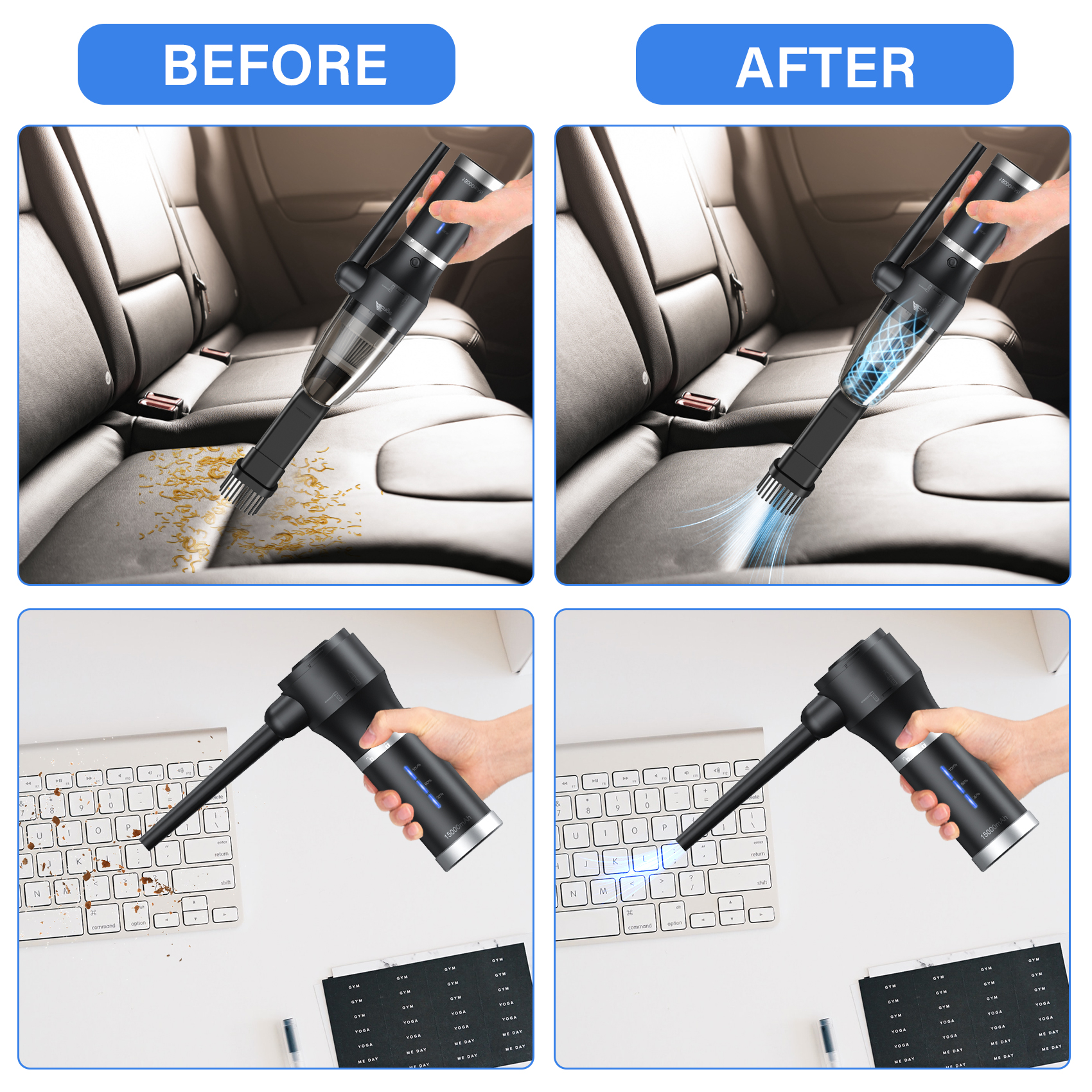 Compressed air dust collector and vacuum cleaner, 60000 RPM cordless air dust collector, 3-in-1 air blower, detachable battery, replacement air tank, keyboard cleaner, personal computer vacuum cleaner