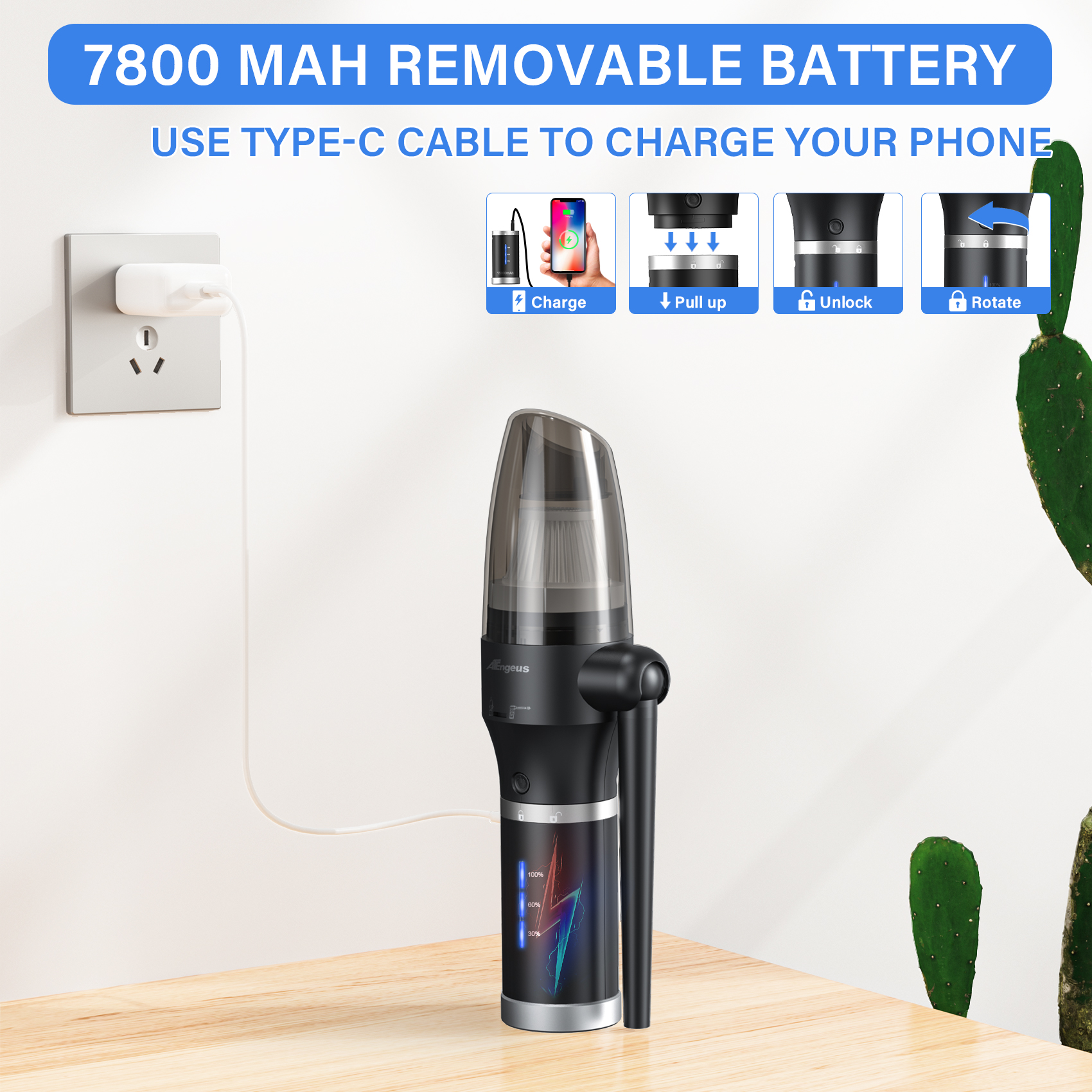 Compressed air dust collector and vacuum cleaner, 60000 RPM cordless air dust collector, 3-in-1 air blower, detachable battery, replacement air tank, keyboard cleaner, personal computer vacuum cleaner