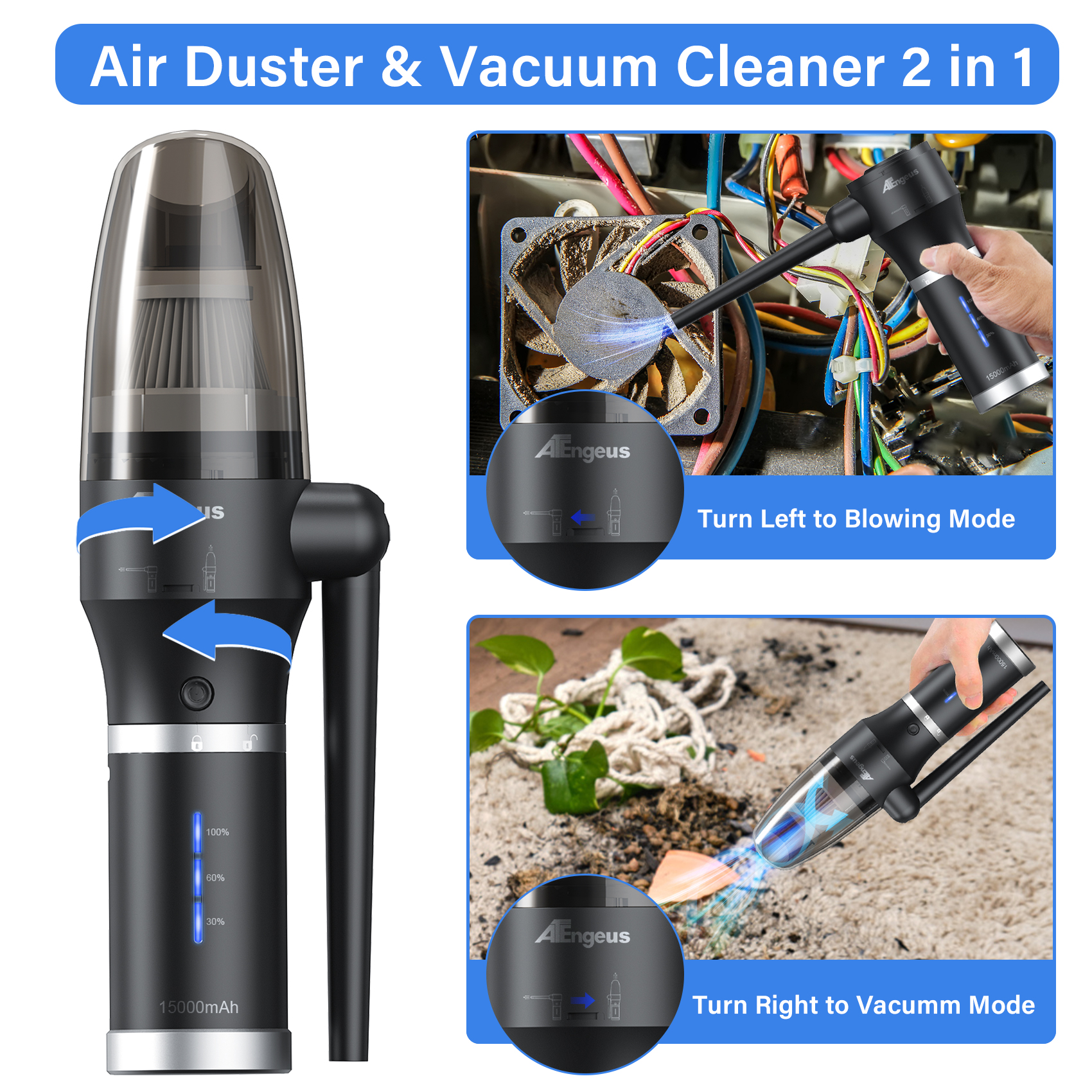 Compressed air dust collector and vacuum cleaner, 60000 RPM cordless air dust collector, 3-in-1 air blower, detachable battery, replacement air tank, keyboard cleaner, personal computer vacuum cleaner