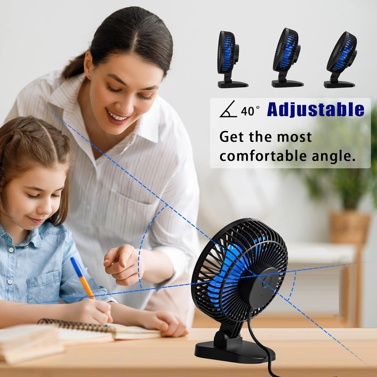 USB fan, small desktop fan, 4-inch (approximately 10.2 cm) silent desktop fan, USB plug, 3-speed, personal fan suitable for office, home, bedroom, study, strong airflow, 40 ° tilt, 4-foot (approximately 1.2 meters) power cord