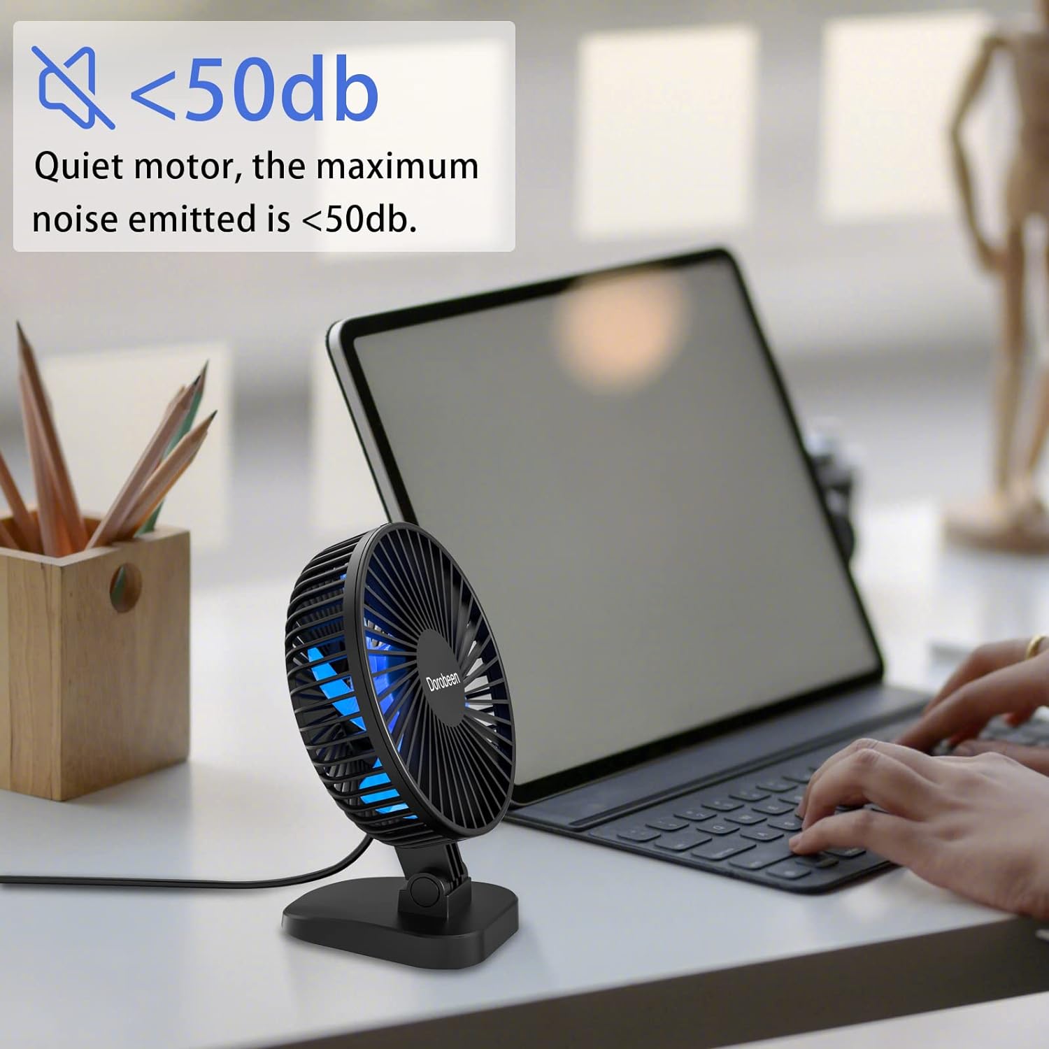 USB fan, small desktop fan, 4-inch (approximately 10.2 cm) silent desktop fan, USB plug, 3-speed, personal fan suitable for office, home, bedroom, study, strong airflow, 40 ° tilt, 4-foot (approximately 1.2 meters) power cord