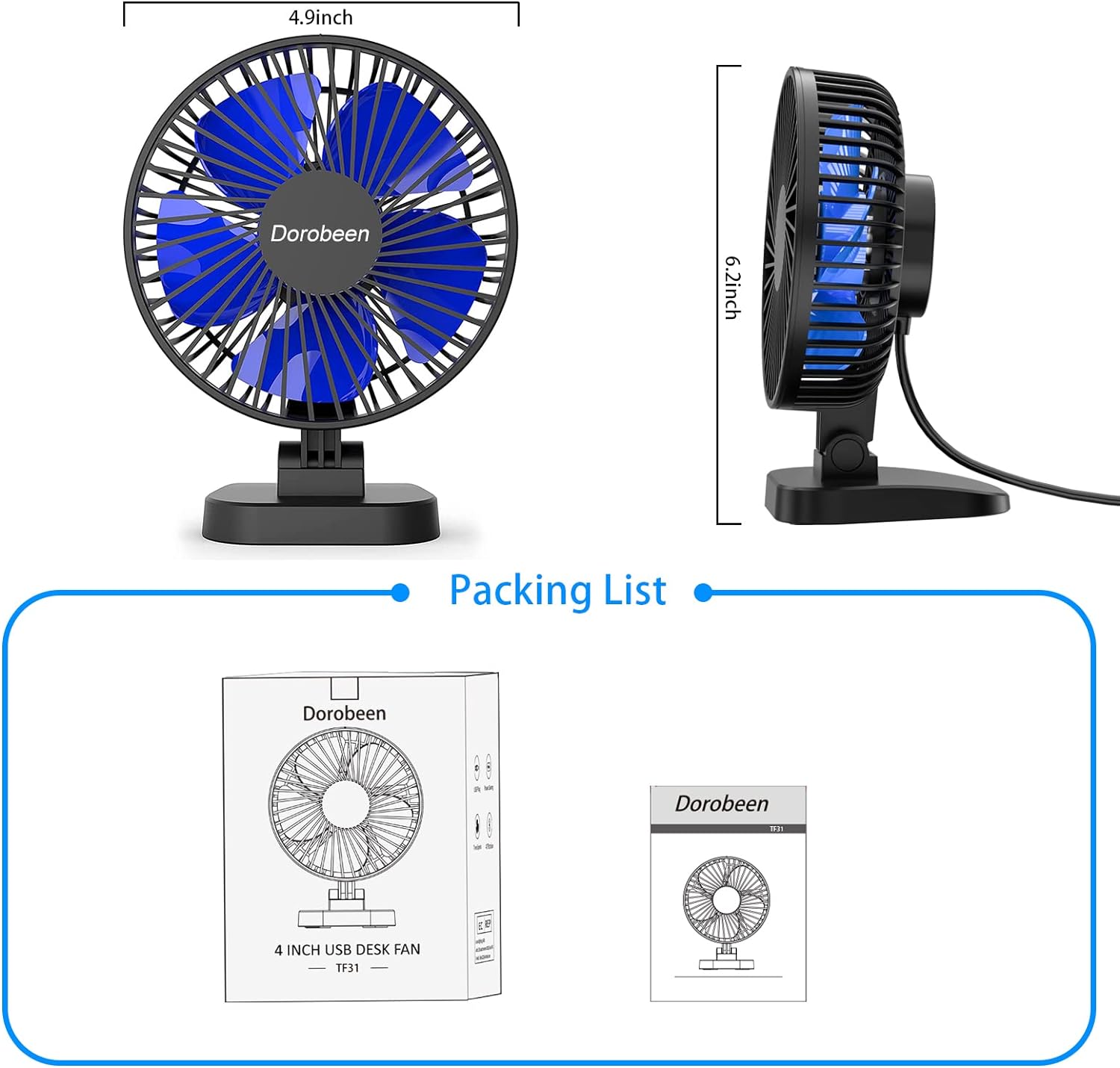 USB fan, small desktop fan, 4-inch (approximately 10.2 cm) silent desktop fan, USB plug, 3-speed, personal fan suitable for office, home, bedroom, study, strong airflow, 40 ° tilt, 4-foot (approximately 1.2 meters) power cord