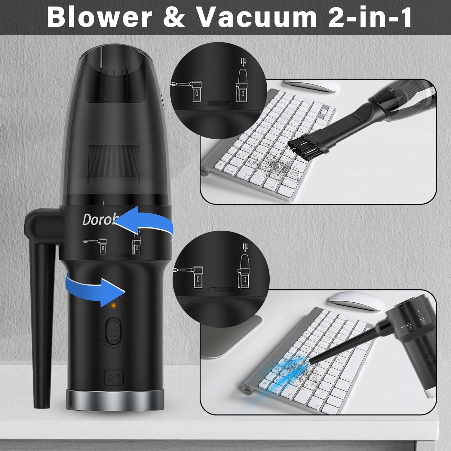 Cordless air dust collector, blower and vacuum 2-in-1, compressed air dust collector, portable handheld electronic air dust collector, power 77000 RPM motor, 1000 PA suction, suitable for keyboards, cars, computers, and toys.