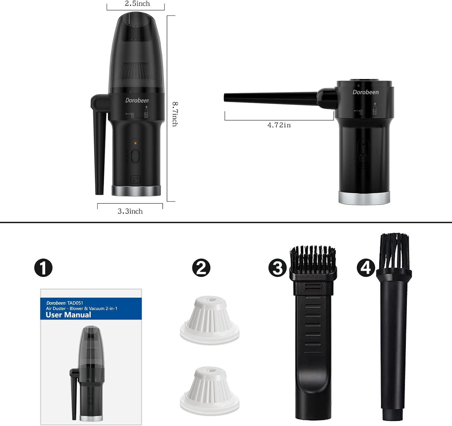 Cordless air dust collector, blower and vacuum 2-in-1, compressed air dust collector, portable handheld electronic air dust collector, power 77000 RPM motor, 1000 PA suction, suitable for keyboards, cars, computers, and toys.