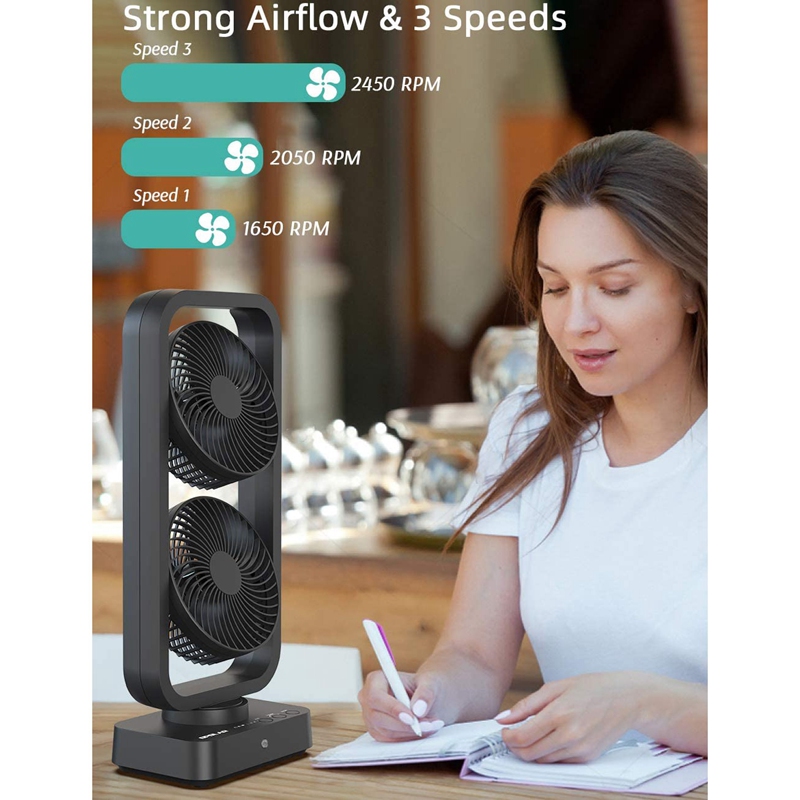 Small tower fan swing table fan with 110 ° automatic head shaking, up and down 350 ° adjustment, 3-speed, portable USB desktop fan suitable for bedrooms, offices, home desks, strong airflow