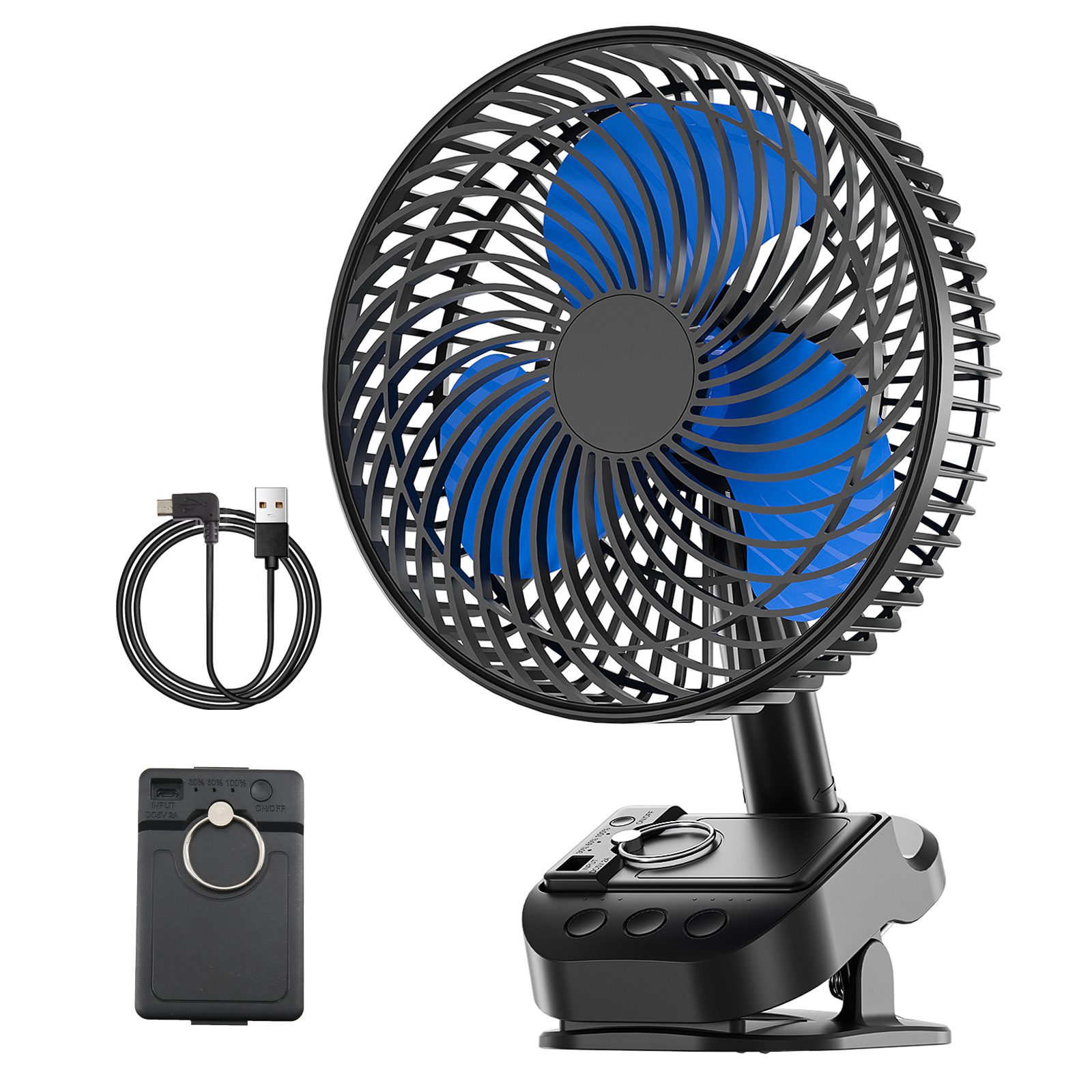 4-in-1 USB fan, 8-inch (approximately 20.3 cm) clip on fan, 1000 mAh rechargeable desktop fan, 5-speed battery powered fan, 45 °/90 ° automatic rotation, 3 settings, with clip and hook, suitable for home, office, bedroom, and bedroom
