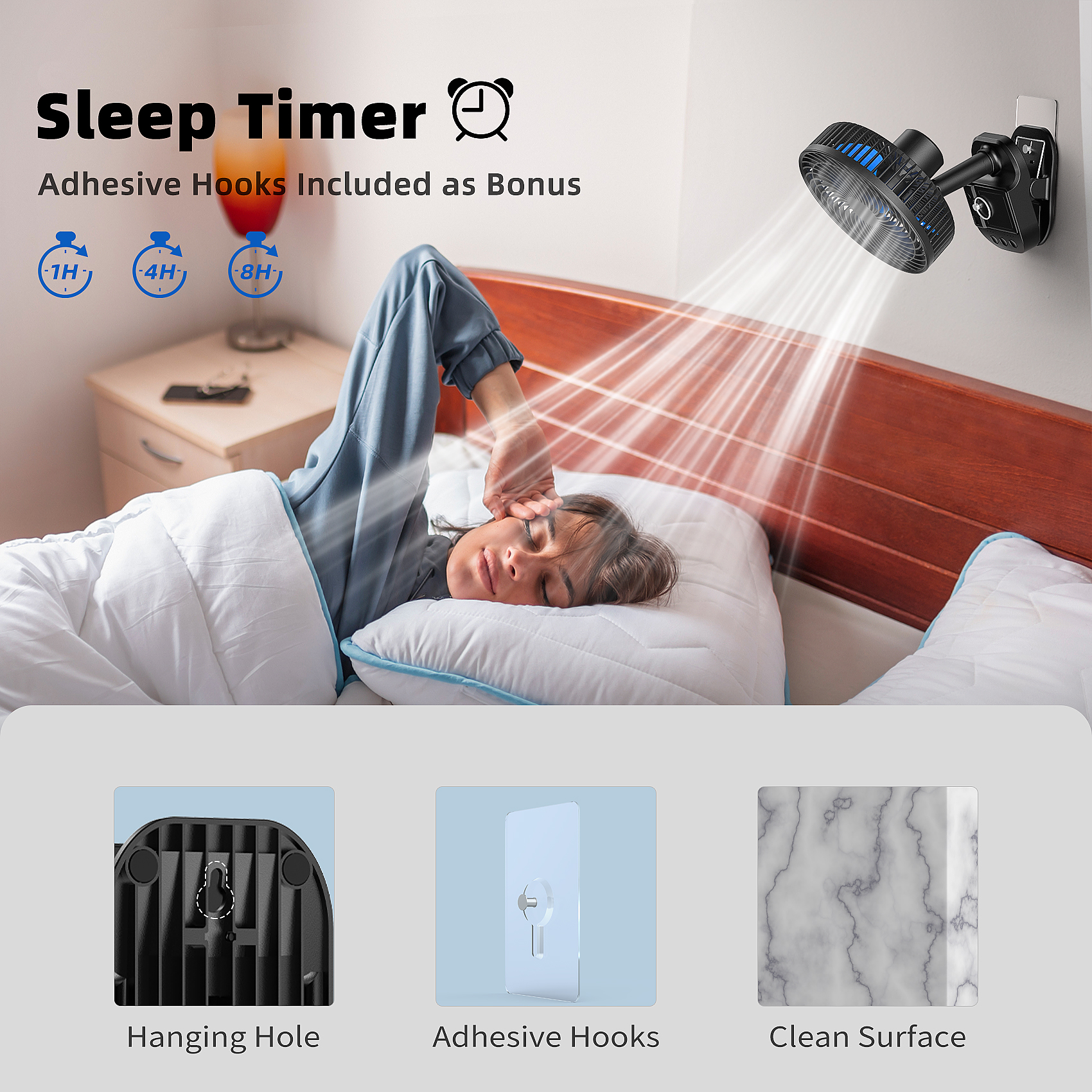 4-in-1 USB fan, 8-inch (approximately 20.3 cm) clip on fan, 1000 mAh rechargeable desktop fan, 5-speed battery powered fan, 45 °/90 ° automatic rotation, 3 settings, with clip and hook, suitable for home, office, bedroom, and bedroom