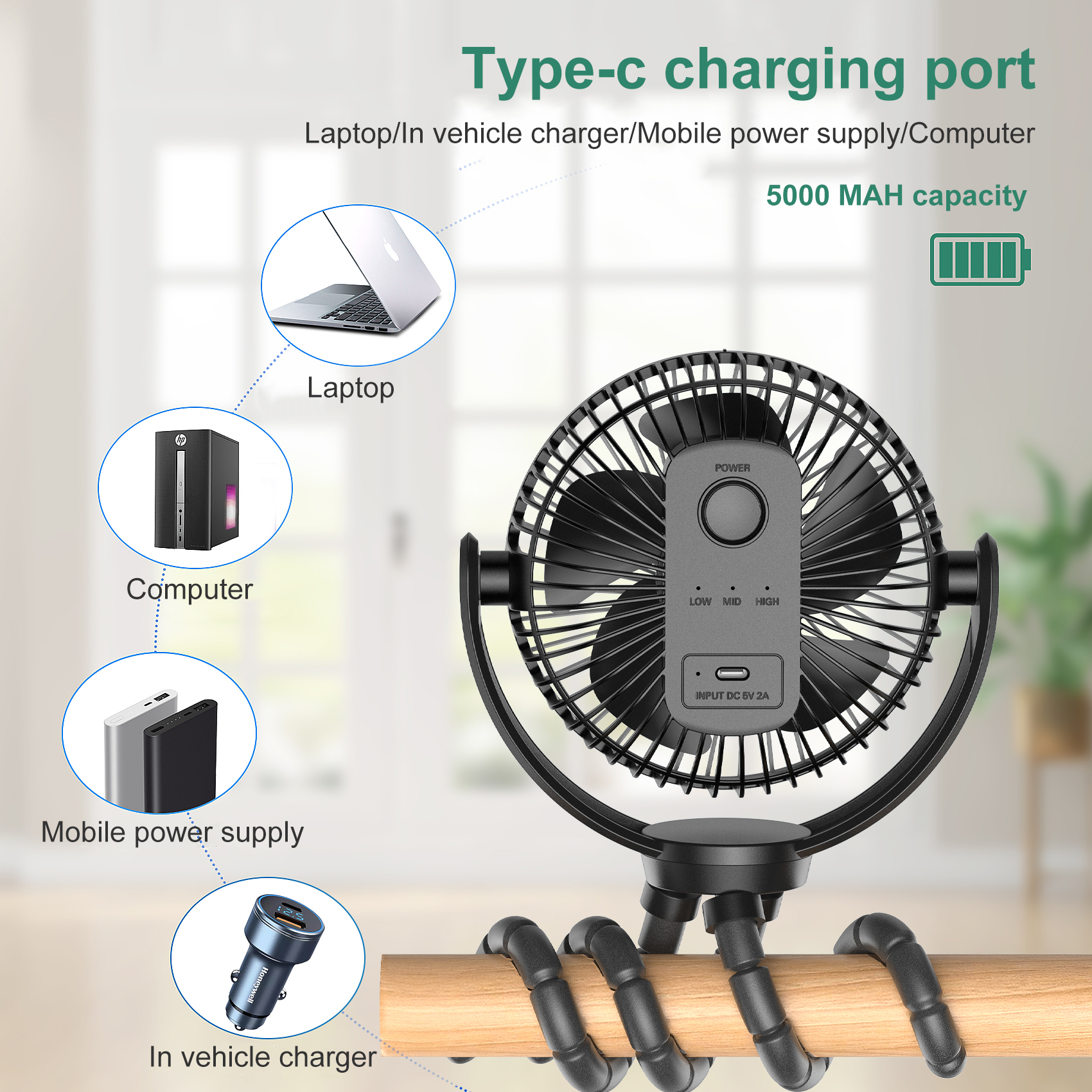 Mini Clip on Fan, 5000mAh USB Charging Portable Fans,7 Inch Quiet Desk Fan, 3 Speeds Strong Airflow, 360°rotation, Suitable for home, office, dormitory, stroller,etc. （Black）
