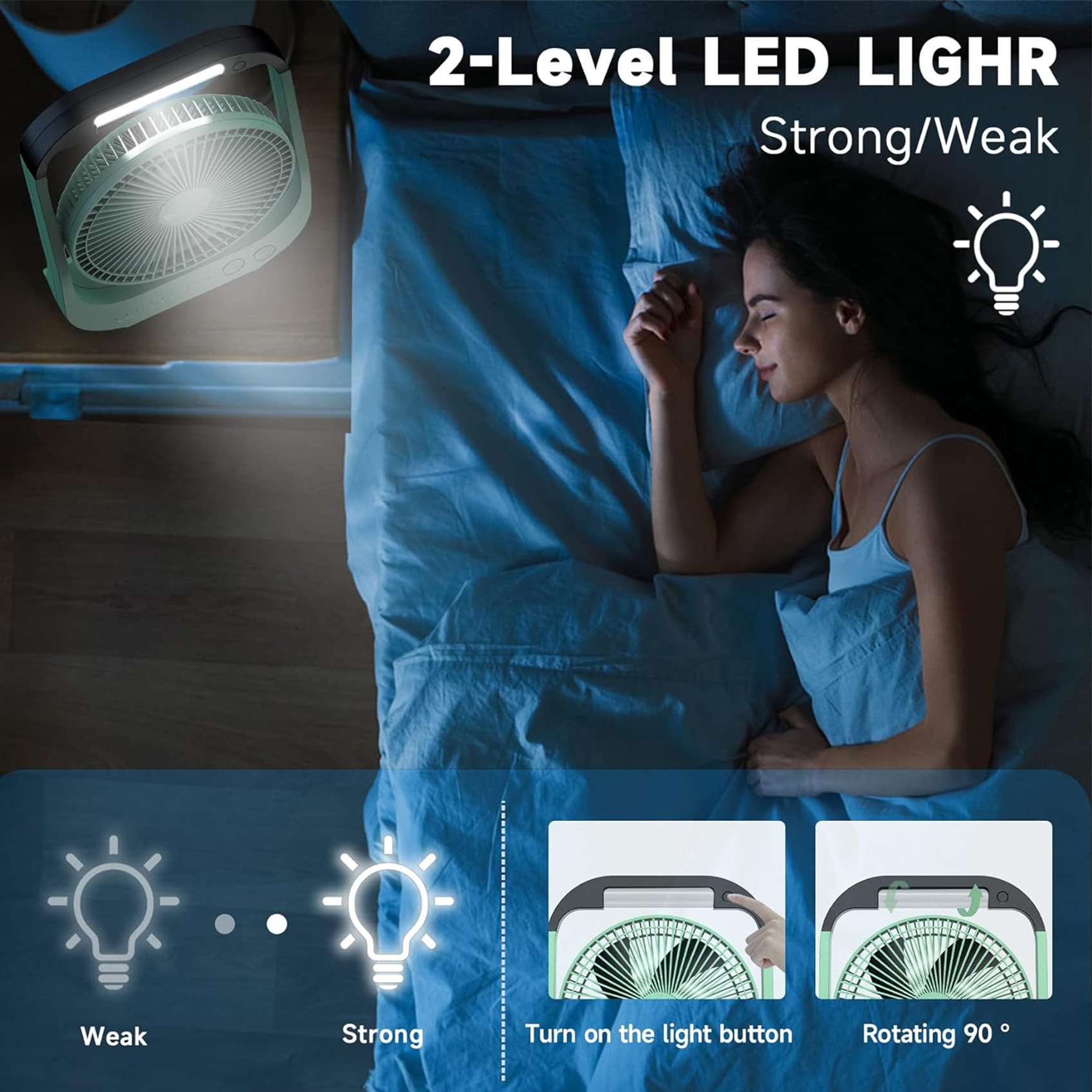 Rechargeable fan, battery powered fan, portable personal fan, battery powered desktop fan, with LED light fan, 8-inch (approximately 20.3 cm) USB fan with timer, mute fan suitable for bedrooms, homes, camping, and outdoor use