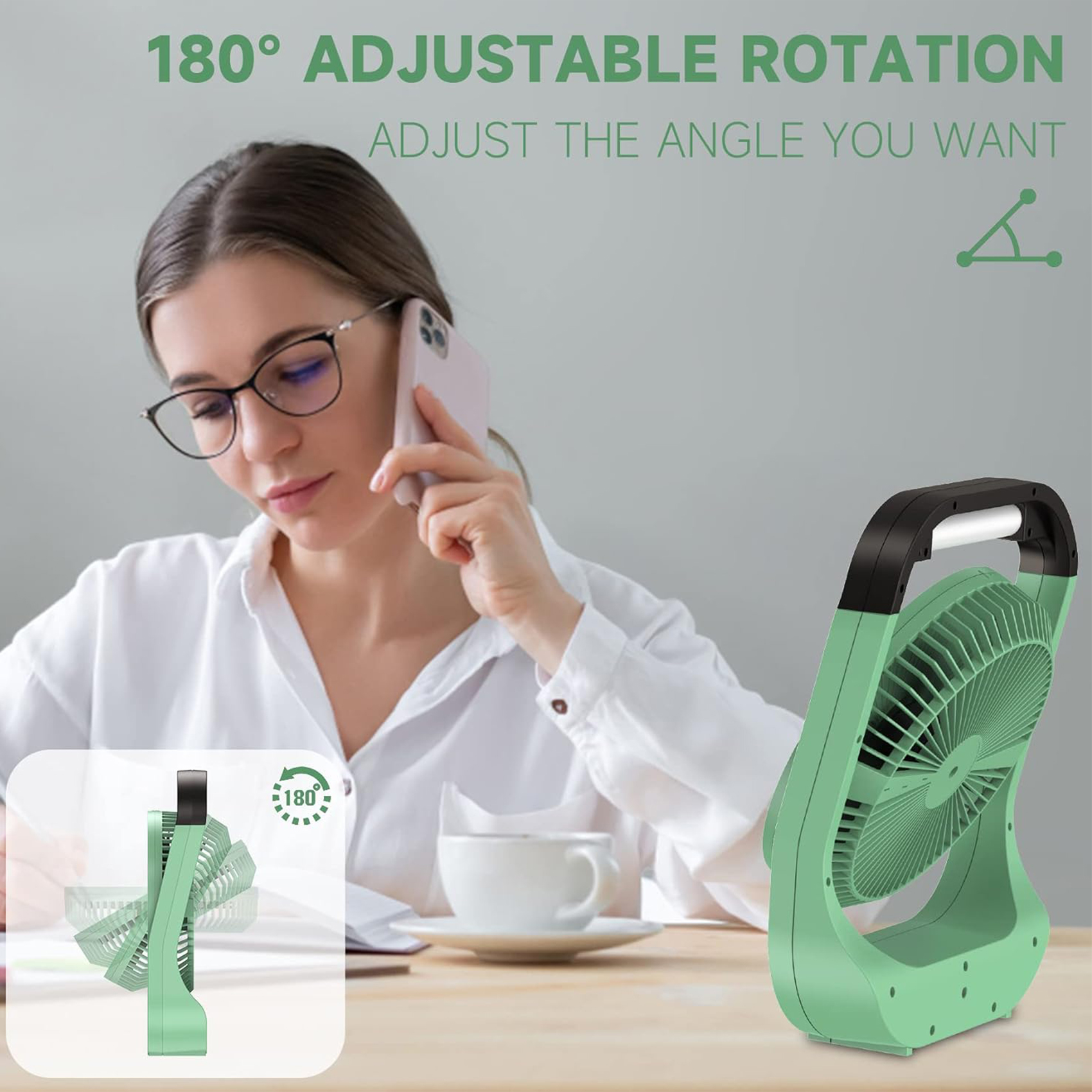 Rechargeable fan, battery powered fan, portable personal fan, battery powered desktop fan, with LED light fan, 8-inch (approximately 20.3 cm) USB fan with timer, mute fan suitable for bedrooms, homes, camping, and outdoor use
