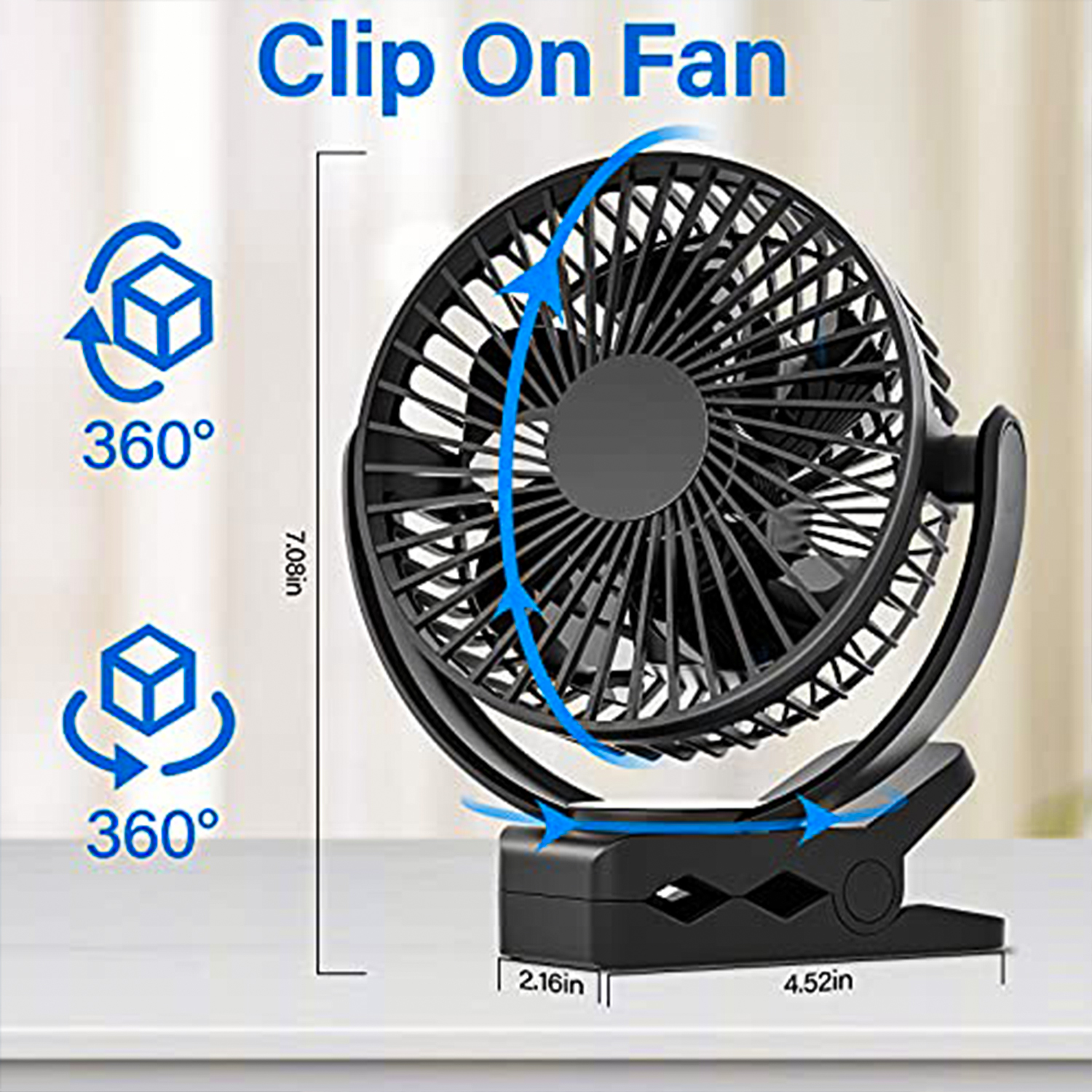 USB Portable Fan, 5000mAh Charging Portable Battery Clip on Fans, 6Inch Quiet USB Personal Desk Fan, 3 Speeds, 720° angle adjustment, Small Stroller Fan for home office dormitory