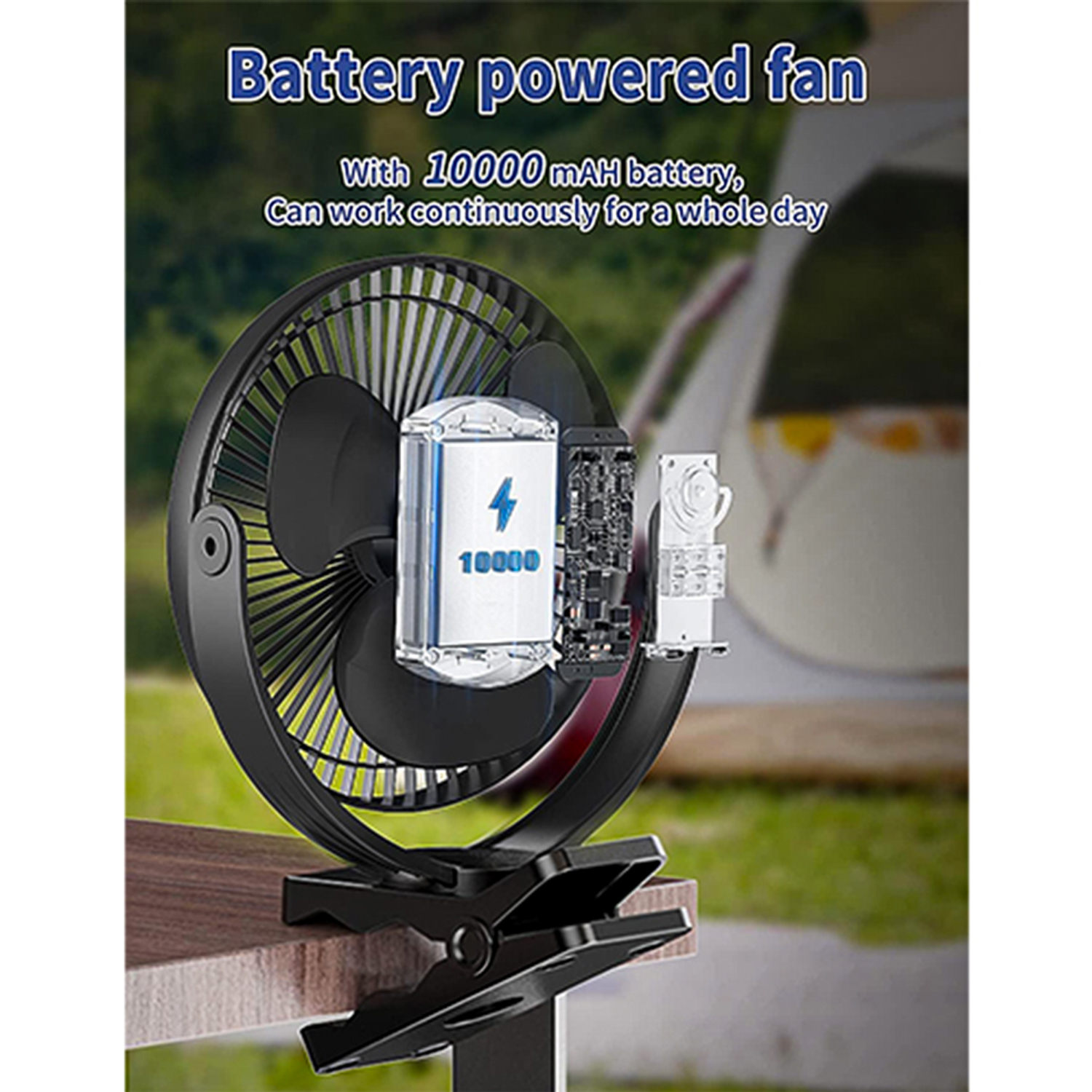 Svinkal Portable Clip no Fan, 10000mAh Battery Powered Fan, Camping Desk Fan with Type C Charging Ports, Supports 720° Adjustment, 4 speed, 8inch USB Personal Fan for Travel, Office, Bedroom. 